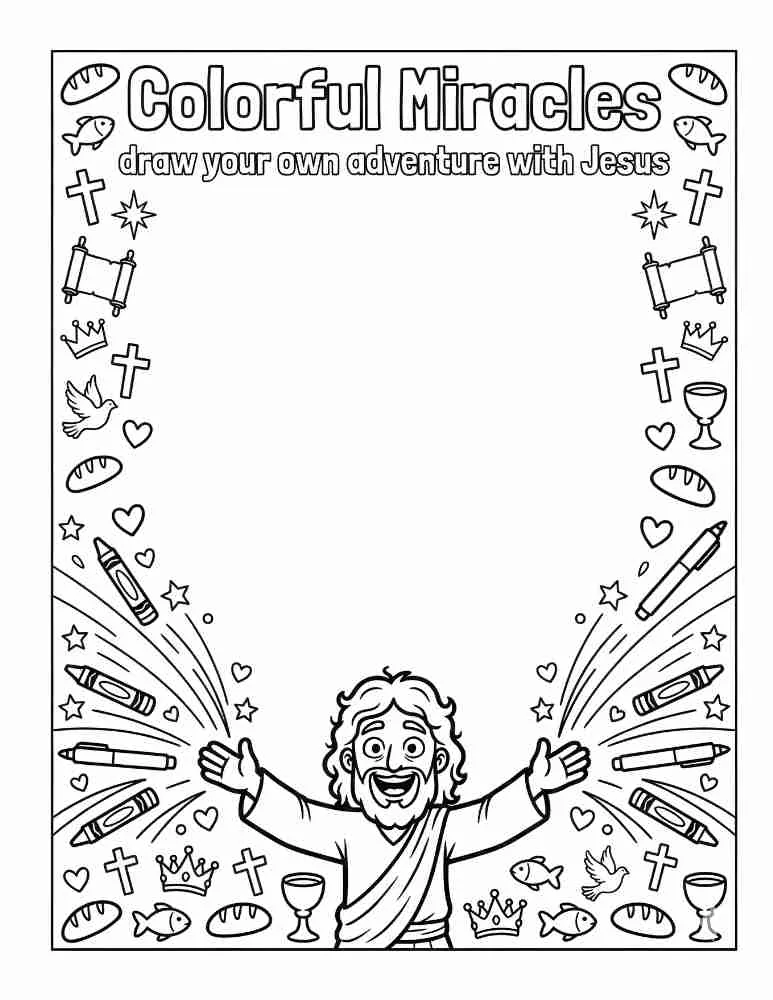 Draw your own adventure with Jesus: a blank page framed by Jesus with open arms, crayons, fish, bread and stars