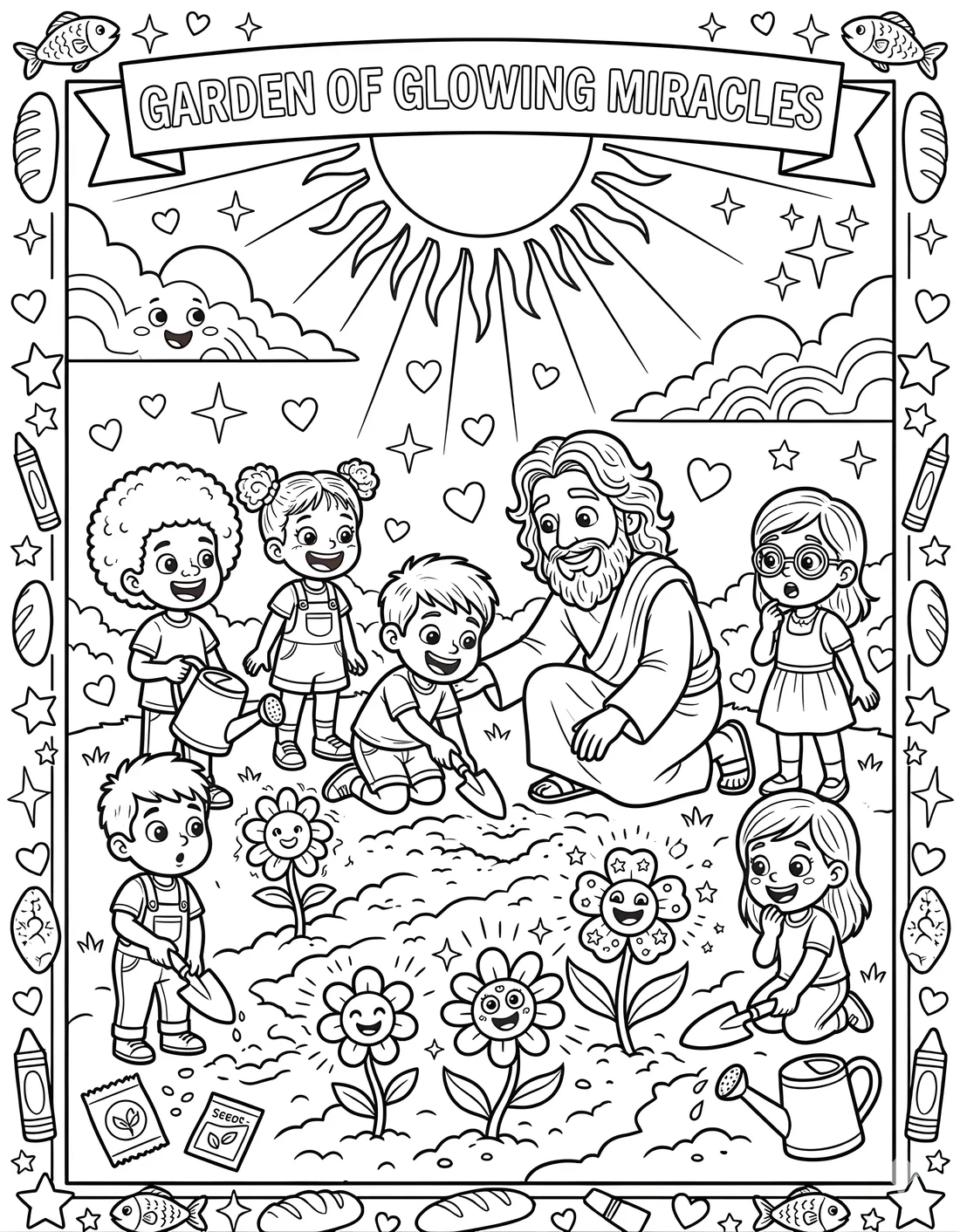 Garden of Glowing Miracles: Jesus planting smiling flowers with a group of happy kids