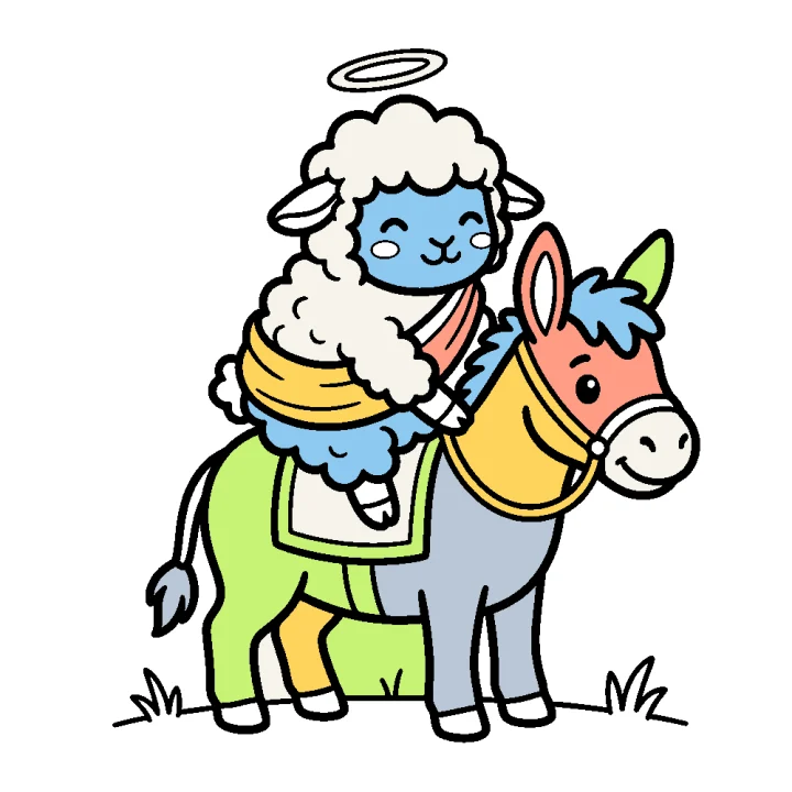 A coloring page of the Little Lamb riding a donkey, colored in with crayon colors