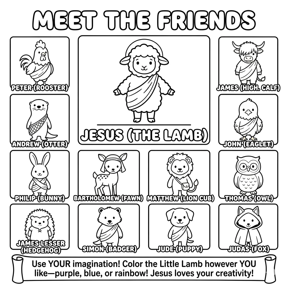 Meet the Friends page: Jesus the Lamb in the center, surrounded by the twelve animal disciples with their names